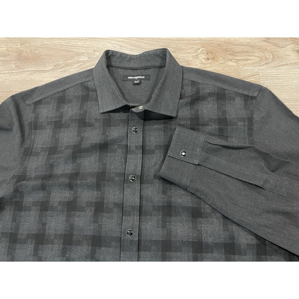 Karl Lagerfeld Paris Men's XXL 2XL Long Sleeve Snap Button Up Shirt Black Gray
